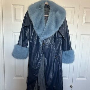 Luxurious Blue Faux Fur Trim Trench Coat
